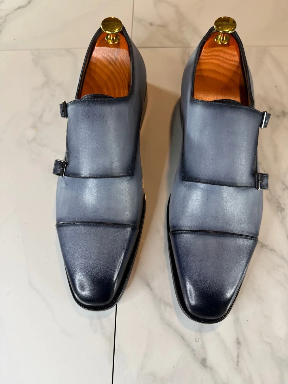 Men's Double Monk Strap Leather Oxfords - Blue Gradient
